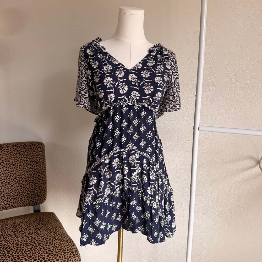 Anthropologie The Robin Petite Navy Blue Floral Tiered Mini Dress SP